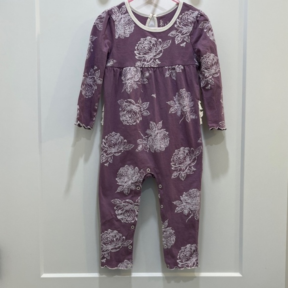 Burt's Bees Baby Organic Cotton Mauve Floral Romper with Ruffle Bottom, size 24M